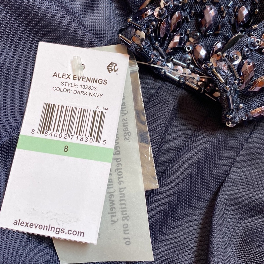 Alex Evenings Illusion Embellished 3/4 Sleeve Ruched A-Line Gown in Dark Navy - Picture 14 of 14